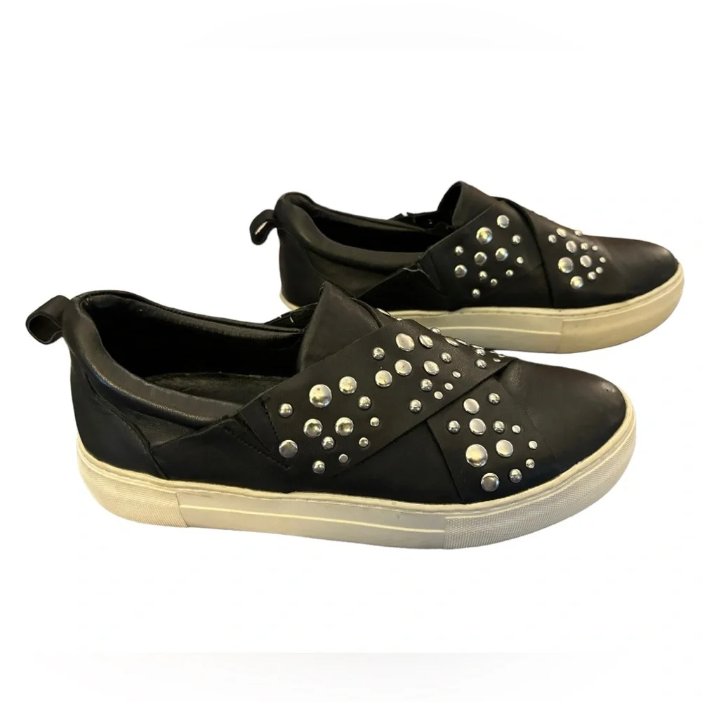 J/Slides Women’s Black Leather Studded Slip On Sneakers Size 8.5‎